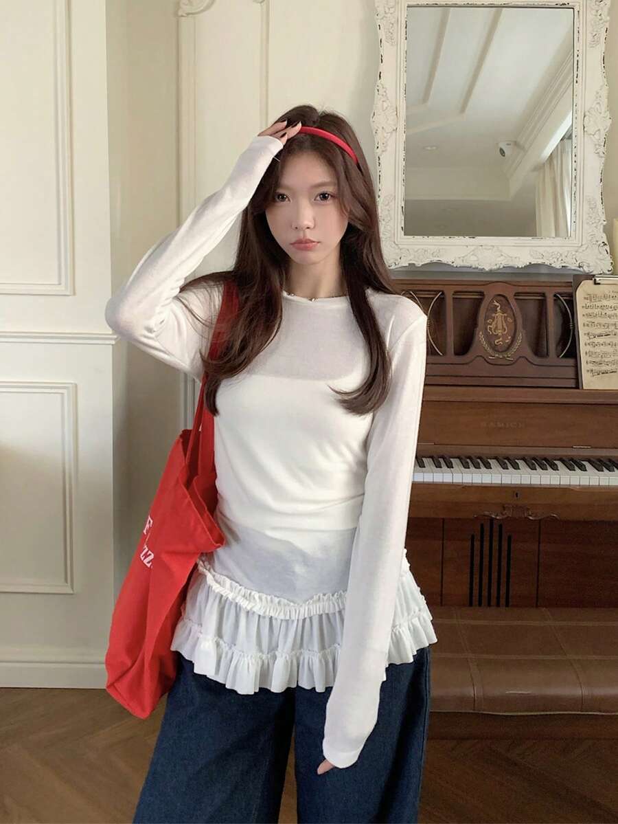 Women's Autumn Ballet Style Lace Hem Long Sleeve T-Shirt, Chic Slimming Layering Base Top White - White - View 1