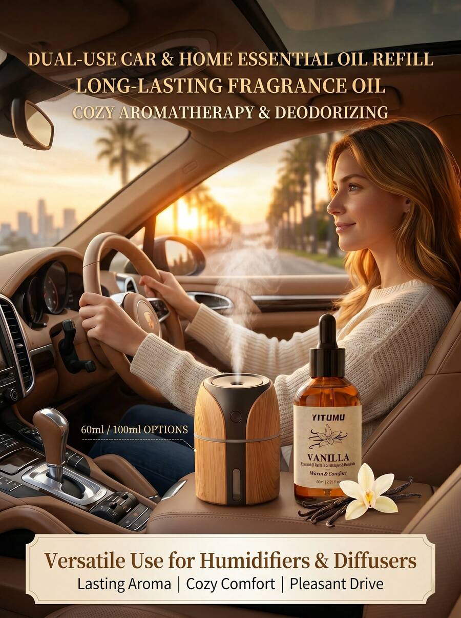 YITUMU Car & Home Dual-Use Essential Oil Refill, 60ml/100ml Long-Lasting Fragrance Oil, Suitable For Humidifiers & Diffusers, Cozy Aromatherapy Car Deodorizer - Vanilla - View 1