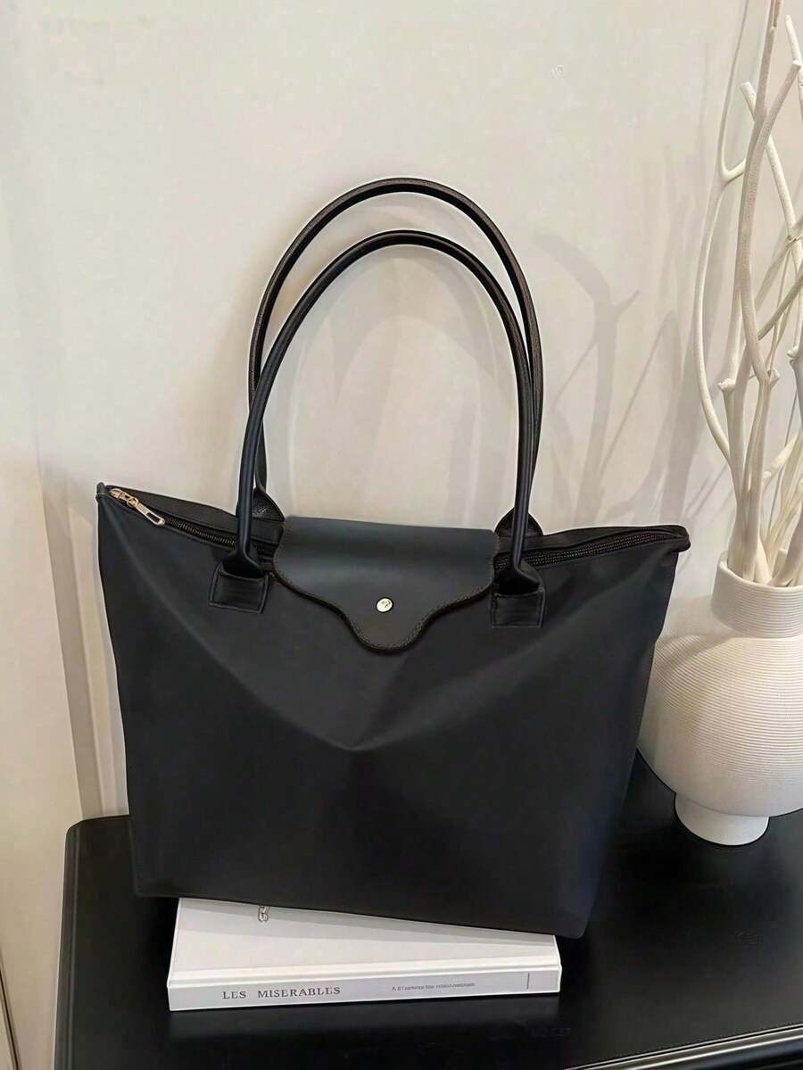 Bolso de hombro grande con cremallera de unicolor y gran capacidad, versátil y casual, adecuado para compras, vacaciones, trabajo y viajes.Bolso de hombro de moda para mujeres - Negro - Ver 1