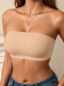 Women's Seamless Bandeau Bra, Wire-Free Elastic Skin-Friendly Soft Tube Top, Soft Breathable Underwear, Suitable For Bandeau Dresses, No Padding - Apricot - View 4