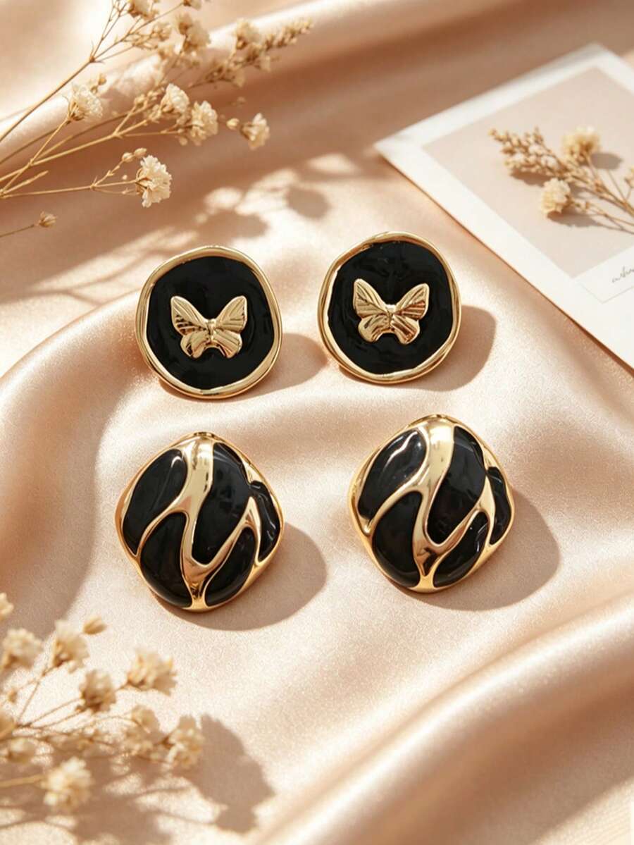 Butterfly Geometric Color-Blocked Stainless Steel Earrings. Thick, Shaped Earring Posts Perfect For Birthdays, Valentine's Day, Dates, Island Vacations, School, Commuting, And More. Also Suitable For Working Professionals, Everyday Wear, Dates, And Short Trips. - Multicolor - View 1