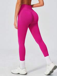 NcmRyu Women's 1pc Solid Color Wide Ribbed High Waist Tummy Control Butt Lifting Tight Fit Sports Leggings - Hot Pink - View 9