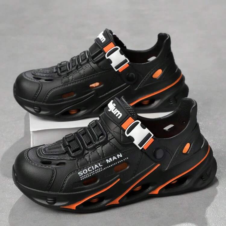 Men's New Summer Outdoor Anti-Slip Water-Resistant Hollow Breathable Comfortable Closed-Toe Sandals - Black Orange - View 4