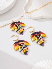 1 Set Personalized American Retro Spicy Girl Style Color-Block Textured Leaf Shaped Rainbow Necklace & Earrings Set, Suitable For Party, Music Festival, Beach Vacation Occasions, Bohemian Style Design For Beach Wear (Gift Box Not Included) - Multicolor - View 4