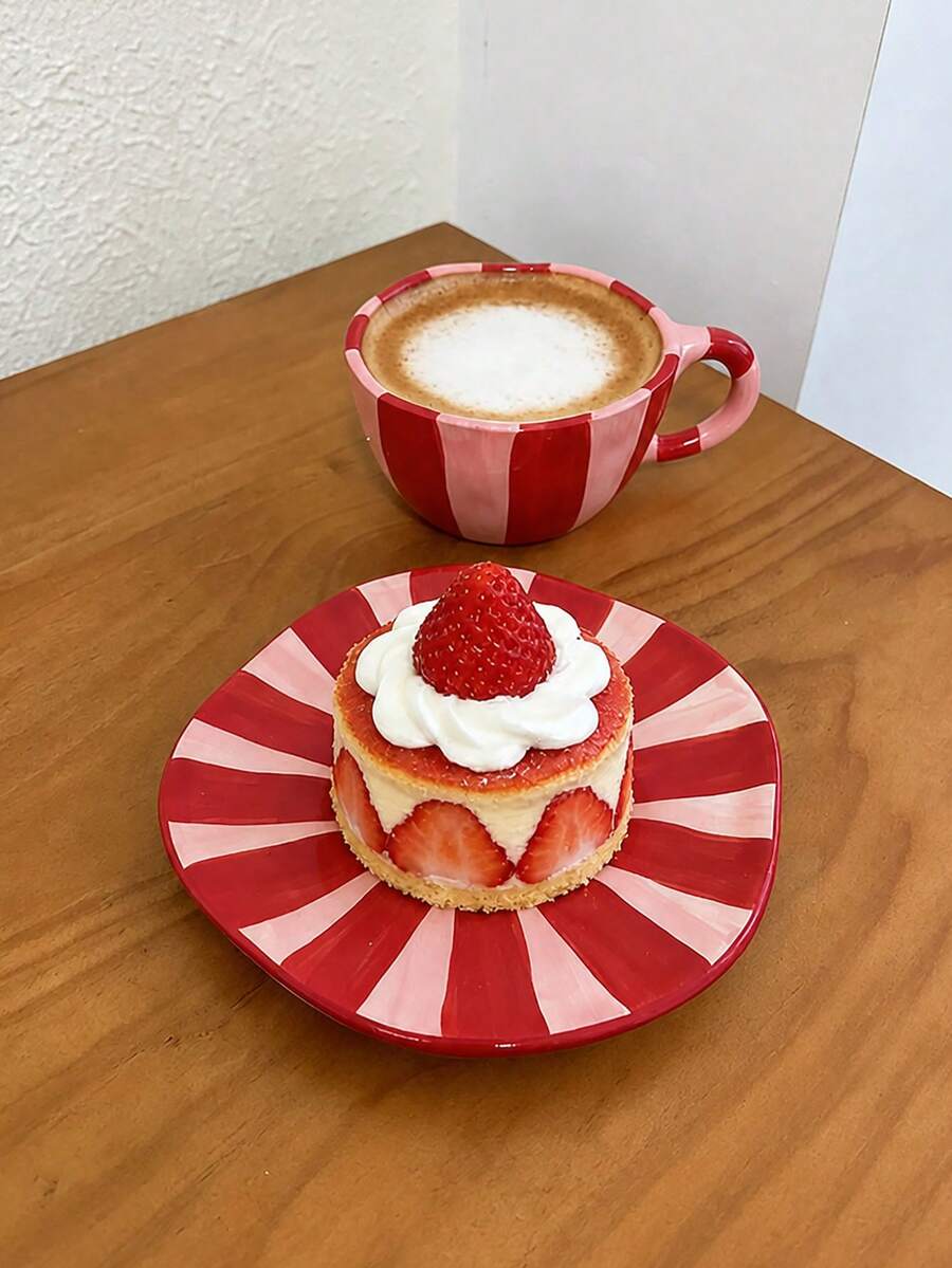 不对称手绘花卉釉面陶瓷杯套装,包括牛奶杯、咖啡杯和碟子,高品质杯子,茶杯,水杯,杯碟套装 - 條紋咖啡杯 - 查看 1