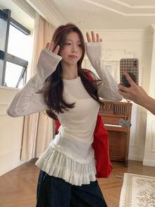 Women's Autumn Ballet Style Lace Hem Long Sleeve T-Shirt, Chic Slimming Layering Base Top White - White - View 2
