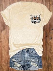 Women's Western-Style Letter Print Crew Neck T-Shirt, Casual Short-Sleeve Top, Women's Clothing. A0JO - 杏色 - 查看 3