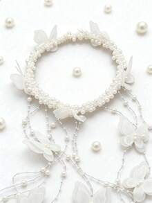 1pc Exquisite Faux Pearl Beaded Tassel Hair Chain Headpiece, Handmade, Suitable For Bride Wedding Party Festival Spring Photography - Multicolor - View 3