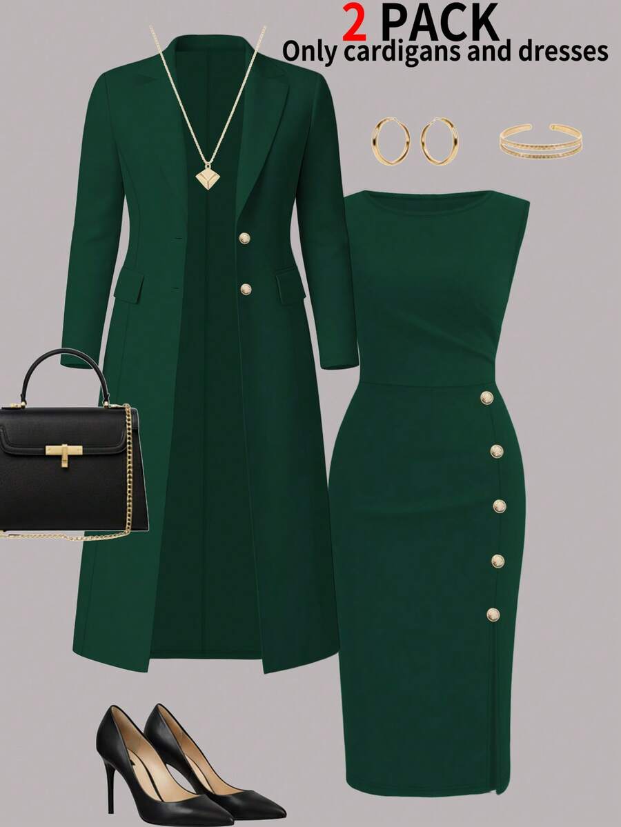 Plus Size Women's New Elegant 2-Piece Set, Solid Color Long Sleeve Cardigan Blazer Jacket + Sleeveless Button-Down Midi Dress, Suitable For Spring, Autumn And Winter - Dark Green 31 - View 1