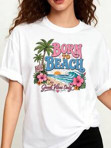 Camiseta blanca manga corta playa tropical BORN TO BEACH, corte holgado algodón estilo vacacional hawaiano diario - Blanco - Ver 1