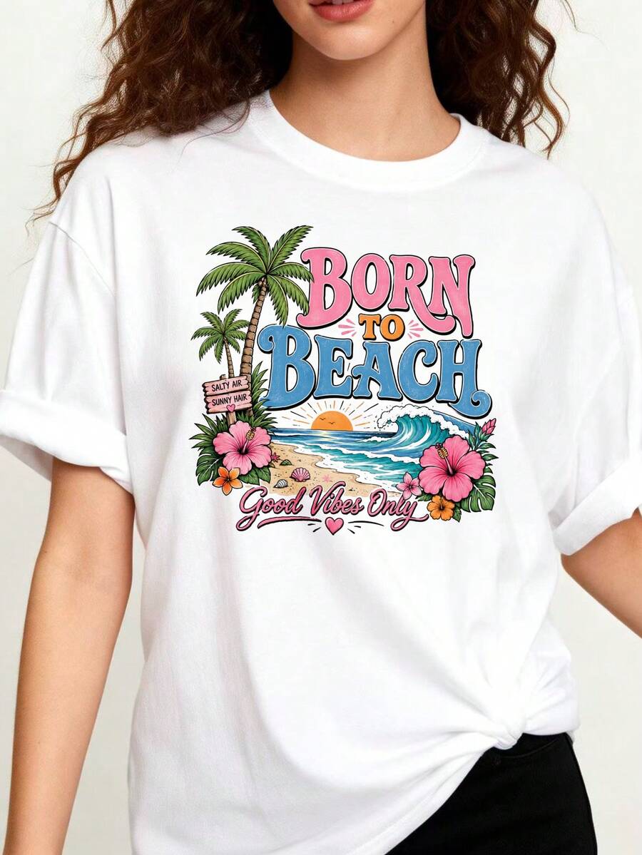 Camiseta blanca manga corta playa tropical BORN TO BEACH, corte holgado algodón estilo vacacional hawaiano diario - Blanco - Ver 1
