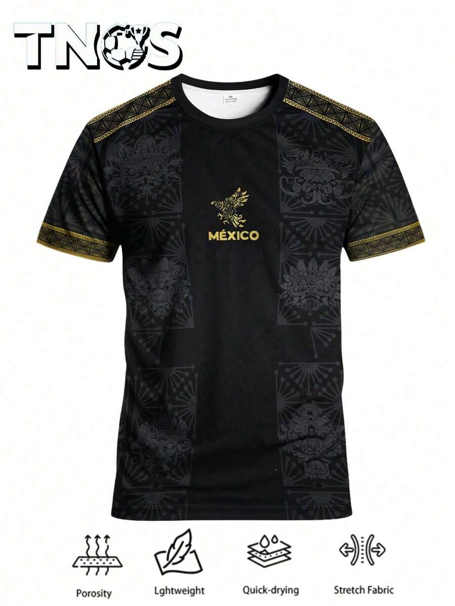 Men's Mexico 2026 T-Shirt, Crew Neck, Mayan And Deity Print. Ideal For The Gold Cup, Training, Fitness, Or Everyday Wear. Great Gift. - 黑色 - 查看 1