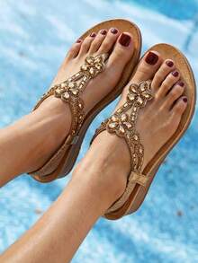 Women's Summer 2026 Crystal Water Drops Evening Slip-On Wedge Heel Round Toe Strappy Sandals - Gold - View 3