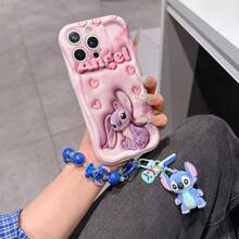 Disney Has Authorized, Phone Case - Chain Set, The Stitch Lilo & Stitch 3D Phone Case Plus A Silicone 3D Stitch Bracelet With Metallic Ring Removable Bracelet, Stitch And Angel Pattern, Compatible With Iphone17/16/15/14/13/12/41/XS/XR/X Plus Pro Max, A Stylish Cartoon Phone Case, The Perfect Gift Choice, Phone Protection, Durable Phone Cover, Great Gift For Friends And Family. - 白色 - 查看 2