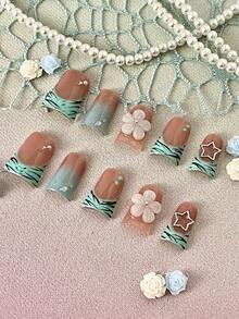 10pcs Women's Square Acrylic Press-On Nails, Floral & Hollow Star Nail Art With Tiny Metal Rhinestones, Warm Brown Mint Tiger Stripe Gradient Short Square Nails, Handmade Fresh Summer Wearable Nails, Nail Art Supplies - Multicolor - View 2