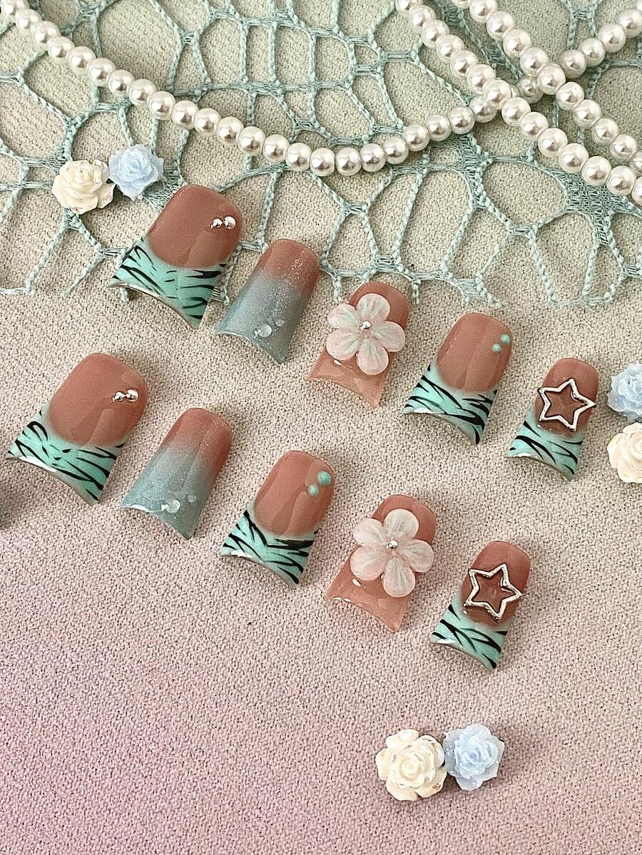 10pcs Women's Square Acrylic Press-On Nails, Floral & Hollow Star Nail Art With Tiny Metal Rhinestones, Warm Brown Mint Tiger Stripe Gradient Short Square Nails, Handmade Fresh Summer Wearable Nails, Nail Art Supplies