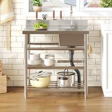 Freestanding Stainless Steel Sink For Outdoor Use, 60x60cm, With Tap And Drain, Including Shelf, Spacious Single-Basin Design, Suitable For Kitchen, Garden, Workshop And Commercial Use - 銀色 - 查看 2