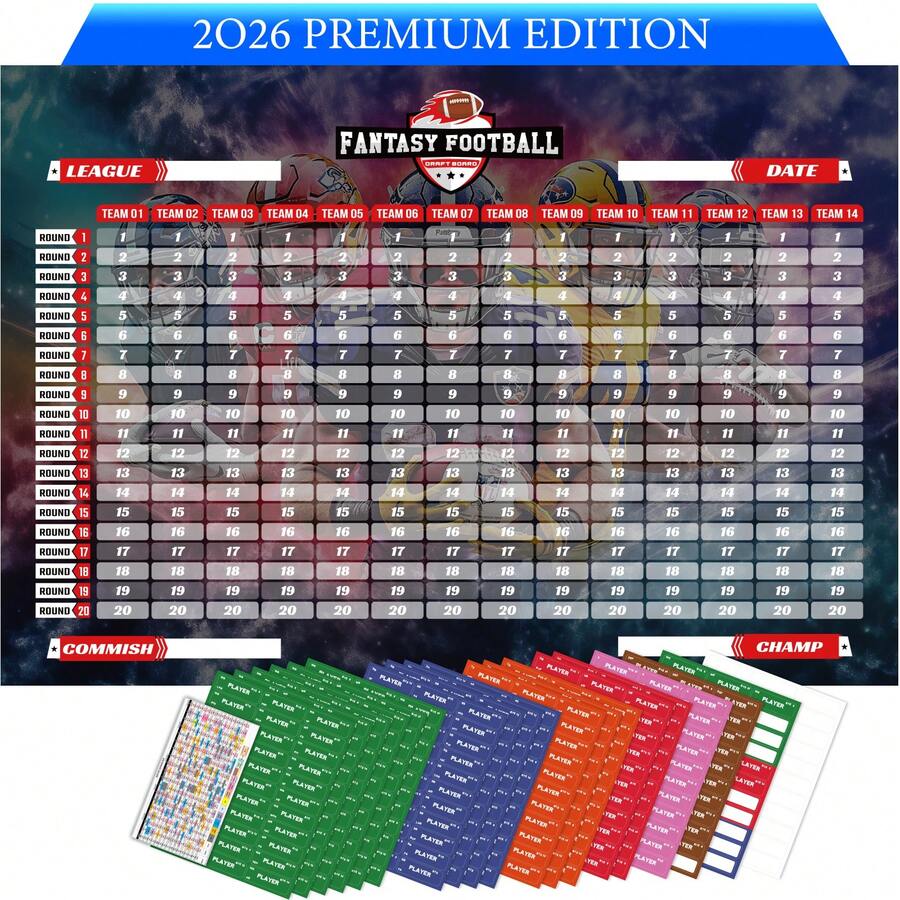 2026-2027 幻想足球選秀板套組 - 5.1x3.5英尺防水 XL 幻想足球選秀板，包含 570+ 個可拆卸標籤（頂級新秀貼紙）與幻想足球選秀派對行程表 - 酒紅色 - 查看 1