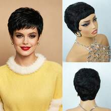 Wig Rambut Pendek Pixie Bergaya, Rambut Manusia Remy Peru, Wig Rambut Manusia dengan Poni, Jaring Elastis, Buatan Mesin Penuh, Cocok untuk Liburan, Pesta, Wig Lurus Berlapis, Warna Hitam, Warna Cokelat Tua, Warna 99# - MultiWarna - View 7