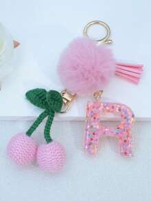 1pc Resin Starry Sky Epoxy English Letter Keychain With Tassel And Black Fur Ball Decoration, Heart Pendant Gift For Friend And Mom - Baby Pink - View 28