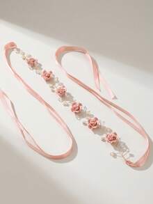 Diadema elegante de mujer con enredadera floral de rosas, perlas y cristales, lazo de cinta, accesorios para el cabello de novia y boda para fiesta, accesorios de dama de honor con cinta - Multicolor - Ver 4