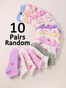 20 Pairs Girls Pink Floral Short Socks, Sweet Casual Style, Suitable For Daily School Wear, Super Great Socks, Girls Back To School, Clean Girl Aesthetic - Multicolor - View 11