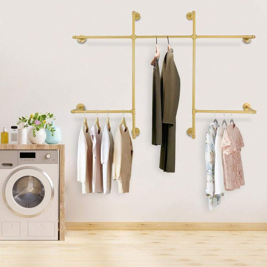 WANLECY Gold Industrial Pipe Wall Mounted Clothing Rack With 5 Hanging Rods, Heavy Duty Garment Organizer Storage System For Bedroom Walk-In Closet Boutique Retail Display - View 1