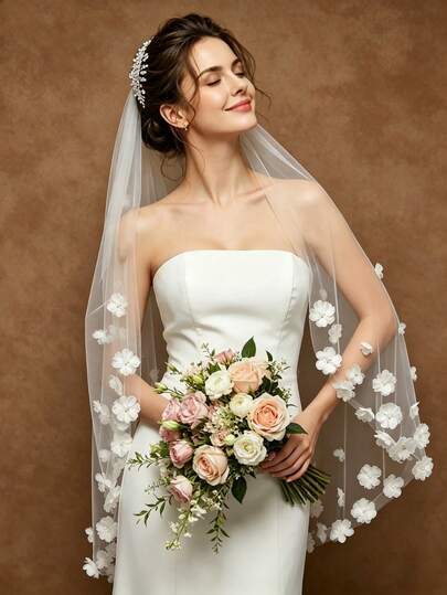 1pc 3D Floral White Soft Tulle Fingertip Length Veil With Hair Comb, Bridal Wedding Accessories For Bachelorette Party And Marriage Registration, 40 Inches