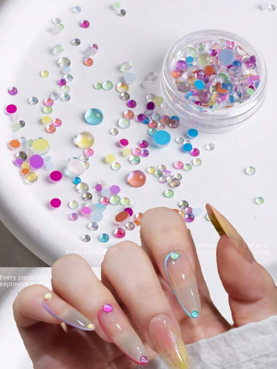 1 Box Flat Back Glass Half Round Colorful Mermaid Bubble Beads Mixed Sizes Summer Nail Art Decor Aurora Iridescent Macaron Round Transparent Rhinestones Nail Artist Supplies Cute False Nail Accessories Nail Charms - Multicolor - View 1