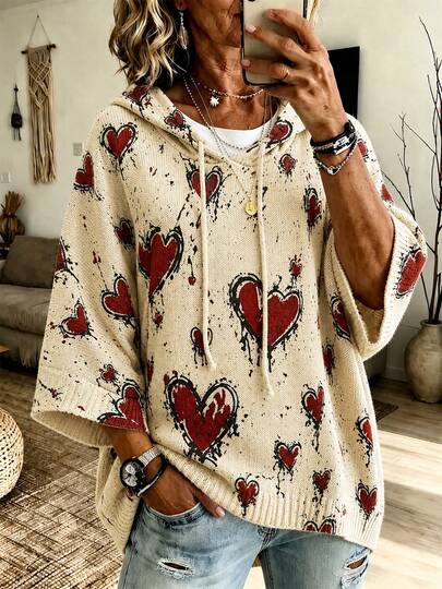 Knitted Fabric Drawstring Casual Versatile Commute Loose Fit Hooded Pullover Heart Sweater For Daily Wear, Dating, Travel, Tea Party, Brunch, Airport Outfit, Autumn/Winter