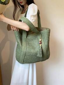 Bolso de paja decorado con borlas de gran tamaño, perfecto para viajes de verano, esencial de verano, bolso para mujeres para vacaciones y días de descanso en la playa, bolsa para la escuela - Verde - Ver 2