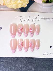 10 Pieces Of Handmade Press On Nails,Summer Nails,Sheer Nude Nails With Pastel Pink French Tips,Decorated With Gradient Pink 3D Flower Ornaments And Tiny Pearl Studs,Soft Sweet Romantic Style,Perfect For Daily Wear, Dates And Spring Bridal Occasions. - Pink - View 1
