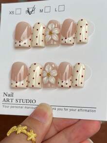 10pcs Polka Dot French Carved European Square Style Medium Short Y2K Cute Girl Round Dot Nails, Minimalist Versatile Handmade Nail Tips, Suitable For Daily Wear, Press-On Nail Stickers, Nail Art Supplies For Women - Multicolor - View 3
