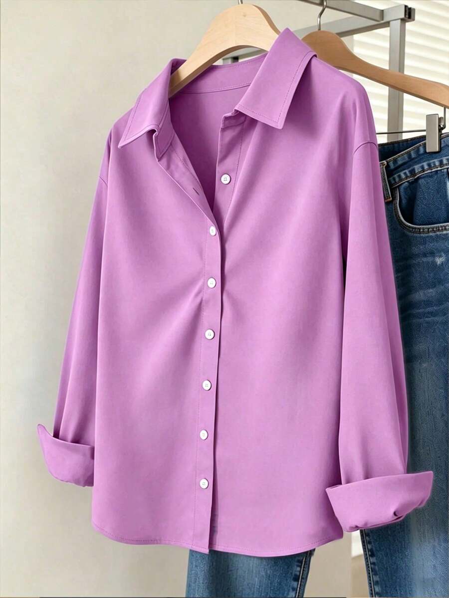 Camisa diaria de botones para mujer de estilo sencillo y unicolor - Morado - Ver 1