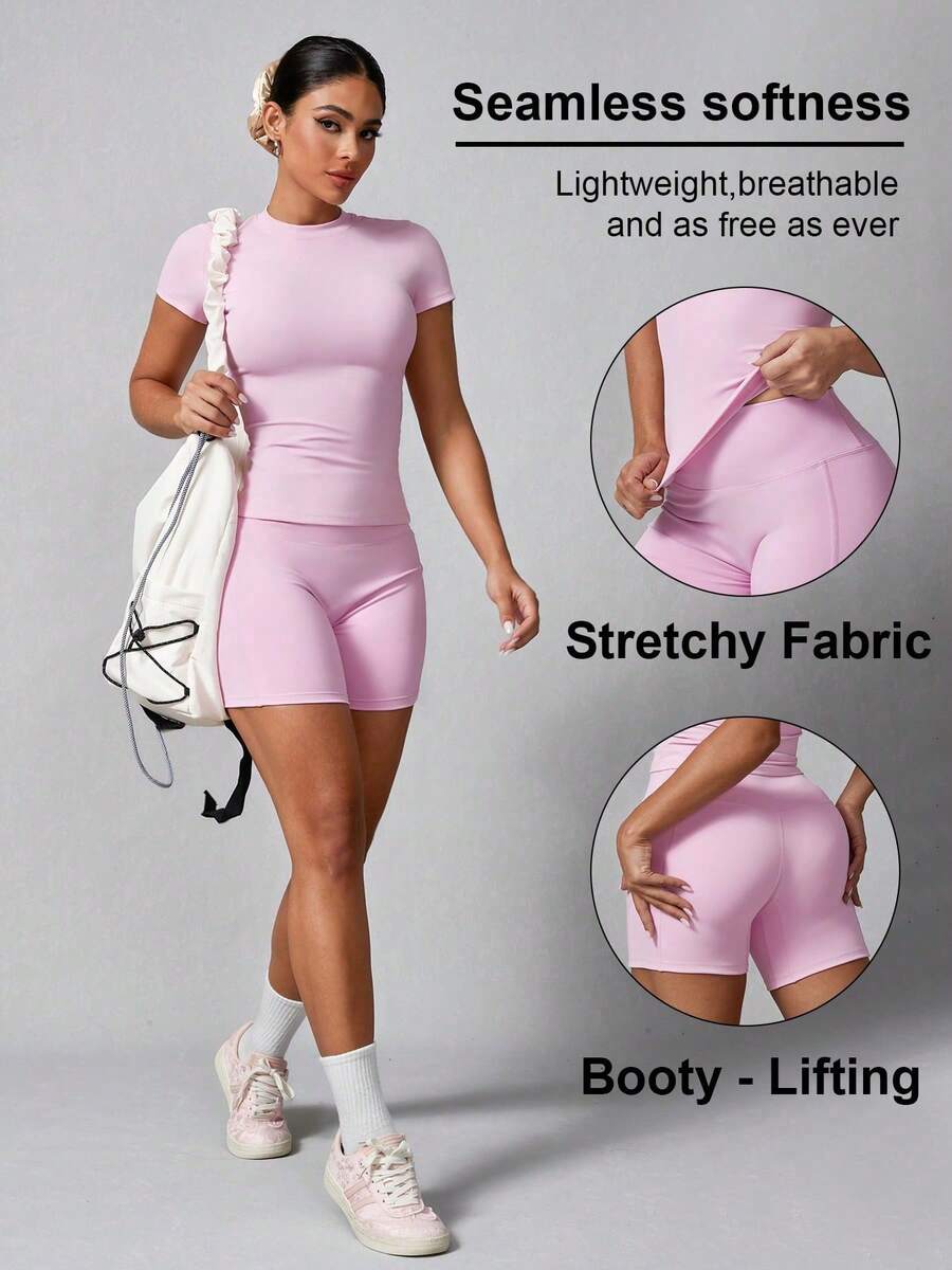 Women's Simple Solid Color Tracksuit With Shorts And Short Sleeves, Summer Black - Apricot - View 1