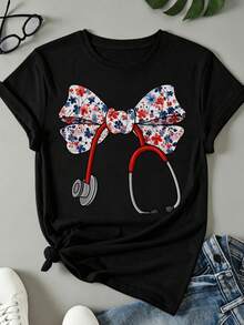 Women's Round Neck T-Shirt, Floral Bow With Stethoscope, Casual And Fashionable Style, Suitable For Outdoor Sports And Holiday Gifts - 黑色 - 查看 3