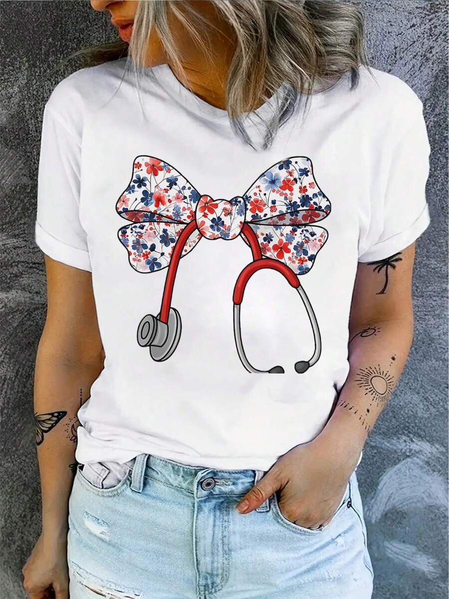 Women's Round Neck T-Shirt, Floral Bow With Stethoscope, Casual And Fashionable Style, Suitable For Outdoor Sports And Holiday Gifts - 白色 - 查看 1
