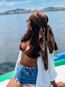 1PC Women's Casual Brown Solid Color Satin Ribbon Scarf/Headband, Minimalist Style Spring/Summer Hair Accessory, Suitable For Vacation, Beach Party, Street Fashion - Brown - View 2