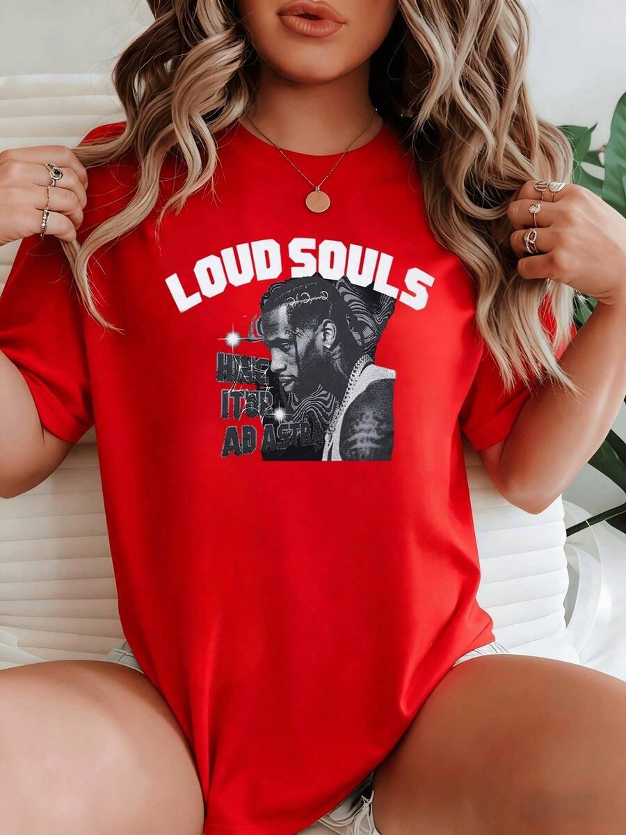 Loose Artistic Graphic That Reflects Inner Strength And Intensity Of Spirit Through Bold Typography And Monochromatic Figure. Women's T-Shirt, 100% Cotton, 220g. New Summer Women's T-Shirt - 紅色 - 查看 1