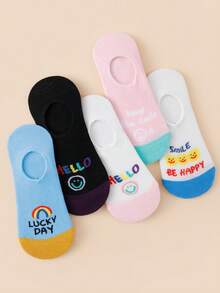 5 Pairs Random Color Women's Cute Cartoon Smiling Face Pattern Low-Cut Invisible Boat Socks - Multicolor - View 4
