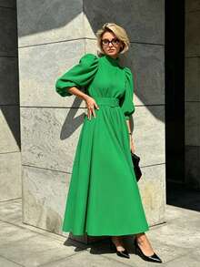 Waist-Defined Elegant Lady Solid Color Flared Dress With Pockets And Tie Belt Spring - Green - View 2