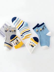 5 Pairs Boys' Cartoon Construction Vehicle Pattern Mid-Calf Socks, Outdoor Casual Sports Socks, Boys' Socks, Student Socks, Elastic Cuff, Fun Children's Outfit - Multicolor - View 4