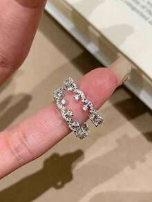 Juego de 5 anillos abiertos de cobre con hojas de circonita cúbica dulce, adecuado para vacaciones y bodas de mujeres (caja de regalo no incluida) - Plateado - Ver 6