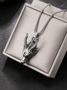 1pc Dark Vintage Dragon Totem Pendant Necklace, Men's Stainless Steel Distressed Box Chain, Street Hip Hop Accessory - Antique Silver - View 13