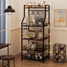 5-Tier Industrial Bakers Rack For Kitchen Organization - Microwave Oven Stand With 2 Large Wire Baskets, 8 Hooks, Utility Storage Shelf, Coffee Bar Station - Black and White - View 5