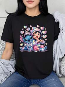 Disney Stitch And Lilo Print Women's T-Shirt, Casual, Fashionable Round-Neck Short-Sleeve Summer Top, Personalized College-Style Cartoon Breathable Sweatshirt, Suitable For Daily Outdoor Leisure Use. - 黑色 - 查看 1