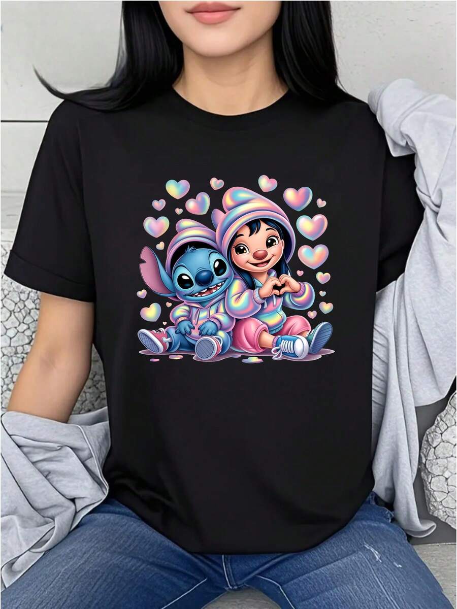 Disney Stitch And Lilo Print Women's T-Shirt, Casual, Fashionable Round-Neck Short-Sleeve Summer Top, Personalized College-Style Cartoon Breathable Sweatshirt, Suitable For Daily Outdoor Leisure Use. - 黑色 - 查看 1