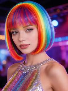 Rainbow Gradient Bob Wig With Bangs, Colorful Design For Festival, Party, Anime Convention, Cosplay, Funny And Eye-Catching Atmosphere Costume Headwear - View 2