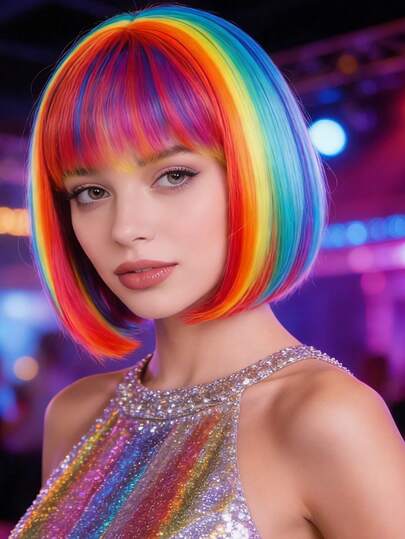 Rainbow Gradient Bob Wig With Bangs, Colorful Design For Festival, Party, Anime Convention, Cosplay, Funny And Eye-Catching Atmosphere Costume Headwear