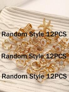 Random Style 7/12pcs Simple Fashion Old Money Style Marine Life Heart Flower Oil Drop Geometric Irregular Stacked Rings Set For Women Sisters Summer Vacation Date Gift Daily Casual Party Wedding Matching - Multicolor - View 6